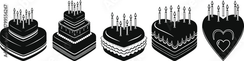 Five black and white silhouette cakes with lit candles birthday celebration