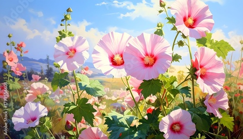 Fototapeta Naklejka Na Ścianę i Meble -  A vibrant painting showcasing a field of blooming pink flowers with sunny skies. Green leaves and a meadow create depth