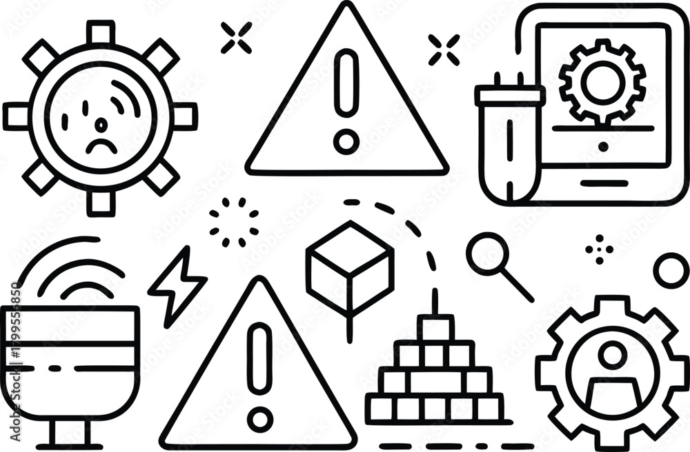 Fototapeta premium Technical glitch, error, warning, and alert icons collection
