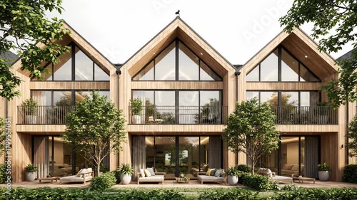 Wallpaper Mural Modern wooden townhouses with large windows and balconies, surrounded by greenery Torontodigital.ca