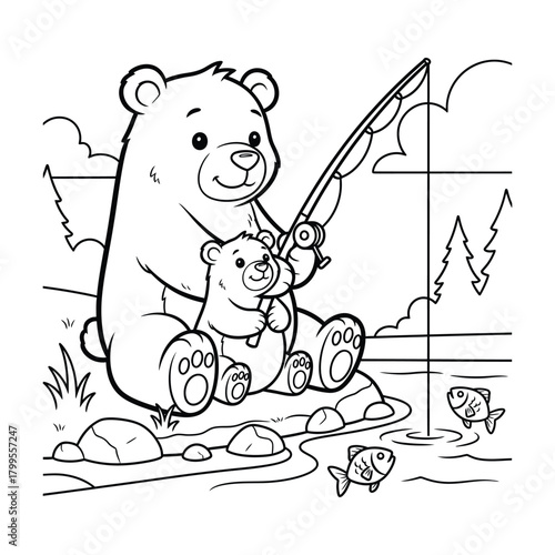 Two cartoon bears fishing together by a river line drawing