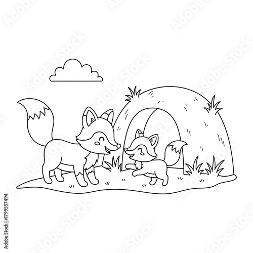 Two cartoon foxes standing together outside their den coloring page