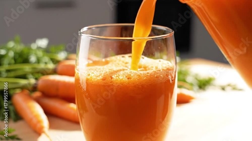 Freshly poured vibrant orange carrot juice into a clear glass, showcasing a healthy, natural, and refreshing organic vegetable beverage for vitality and wellness