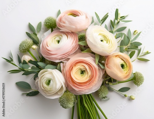 Wallpaper Mural a beautiful bouquet of pastel ranunculus flowers with greenery on a white background Torontodigital.ca
