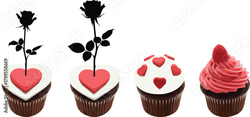 Delicious heart-shaped chocolate cupcakes and candies are a sweet baked dessert treat with cream icing