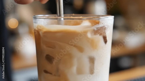 Close-up shot of a person stirring a cold coffee with milk and ice in a tall glass