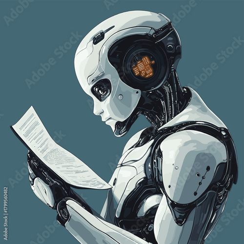 Human-like robot deep in thought meticulously analyzing data points while preparing an extensive checklist demonstrating the synthesis of technology and intelligence in a conceptua
