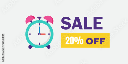 Alarm clock sale 20 percent off isolated on white background