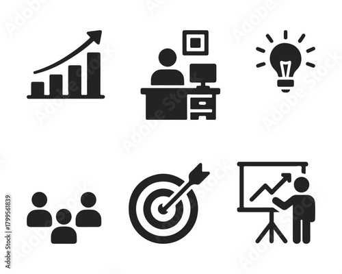 Minimal monochrome business and consulting icon set – office, charts, presentations, goals and teamwork