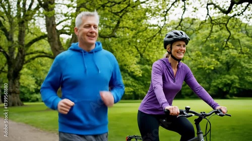 Wallpaper Mural A happy couple enjoys a healthy lifestyle, cycling and jogging together in a park Torontodigital.ca