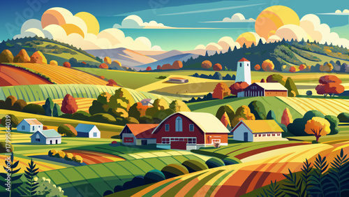 Very beautiful panoramic view of rural farmland in Sussex County, New Jersey, showcasing rolling fields, scattered barns, gentle hills, and peaceful countryside under clear natural daylight.