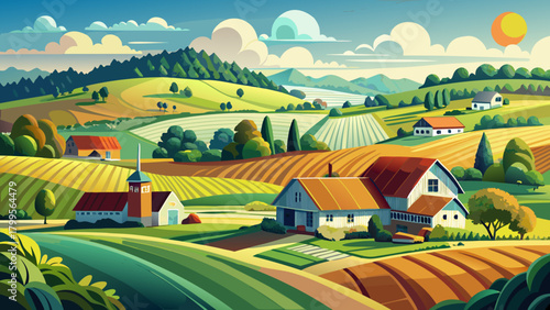 Very beautiful panoramic view of rural farmland in Sussex County, New Jersey, showcasing rolling fields, scattered barns, gentle hills, and peaceful countryside under clear natural daylight.