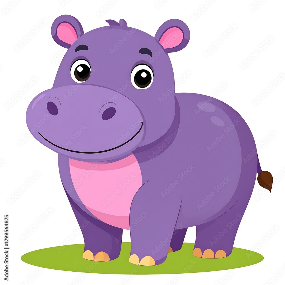 Naklejka premium Purple cartoon hippopotamus stands on green grass with a pink belly.