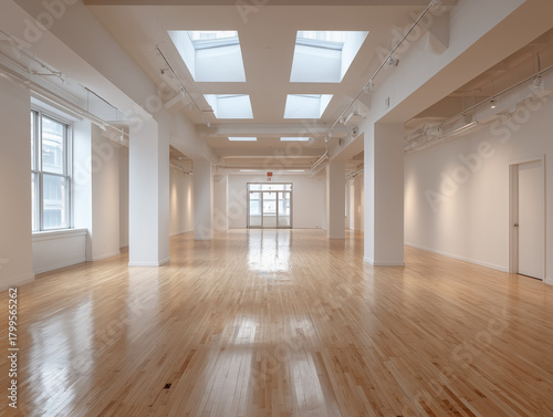 Espacio interior moderno y amplio con suelo de madera pulida, paredes blancas, columnas estructurales, grandes ventanas y tragaluces que inundan de luz natural. Local comercial a alquilar o reformar