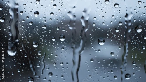 Glistening raindrops trickling down a windowpane during an evening storm, with blurry city lights creating a serene bokeh background