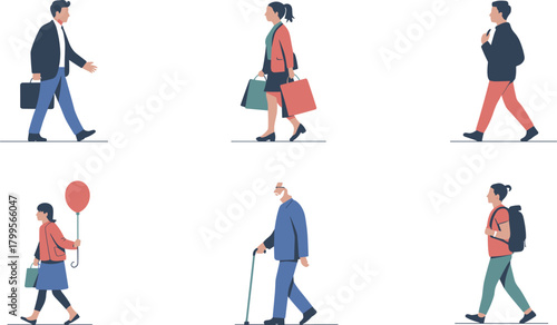 Businessman walking with briefcase, woman shopping with bags, young girl holding balloon, old man with cane, traveler backpack, cad drawing flat vector illustration