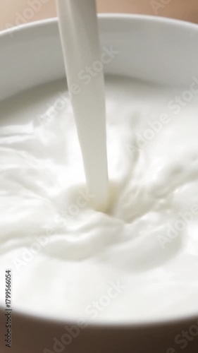 Fresh milk pouring into a white bowl creating splash and waves