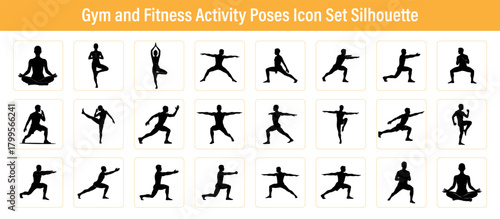 A collection of black silhouettes representing various gym sports, suitable for fitness, yoga, and dance illustrations.