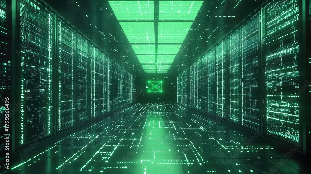 Fototapeta premium Data center corridor with glowing digital information stream