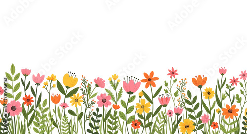 Vibrant Spring Floral Border Vector – Whimsical Flower and Leaf Illustration