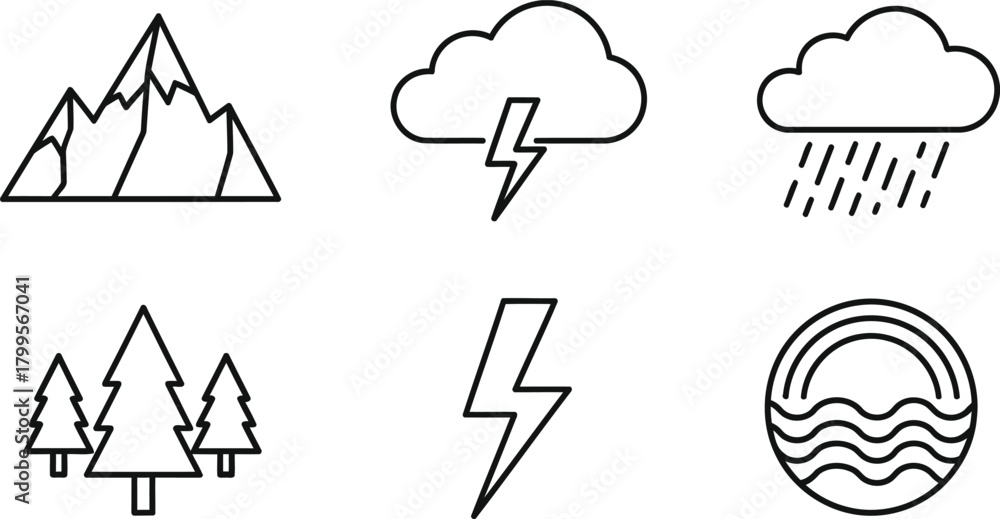 Fototapeta premium Simple Outline Nature and Weather Related Icons