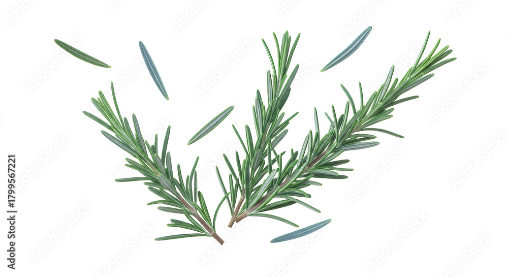 Fototapeta premium Aromatic and fresh rosemary branches with scattered individual leaves, presented cleanly on a white backdrop, perfect for cooking, gardening, or herbal themes