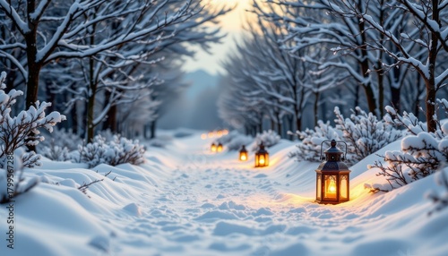 Lanterns light a snowy path through winter woods high resolution photo