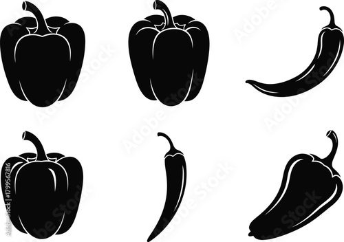 Chili and Bell Pepper Silhouettes Vector Art