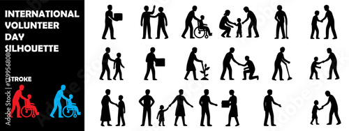 International Volunteer Day Silhouette Icon Set – Helping Hands, Charity & Community Service Vector
