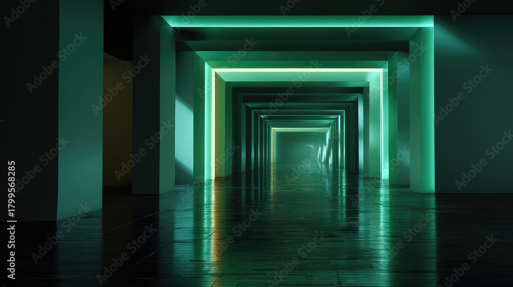 Fototapeta premium Futuristic corridor with glowing green neon lights
