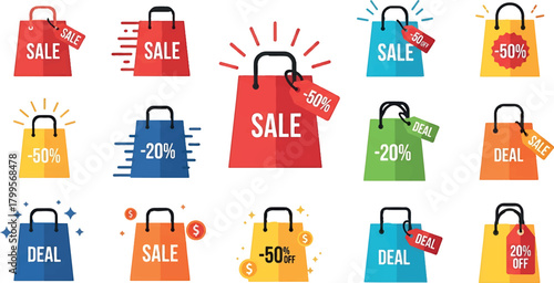 Shopping Bags Sale Promotion Icons for Retail Business, Discount Marketing, and Special Offer Advertising