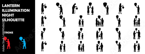 Lantern Illumination Night Silhouette Icon Set – Light Festival, Lamps & Night Sky Vector