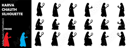 Karva Chauth Silhouette Icon Set – Moon Ritual, Puja Ceremony & Indian Festival Vector