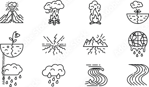 Natural Disasters and Environmental Line Icons