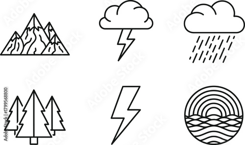 Nature and Weather Line Art Icons Set