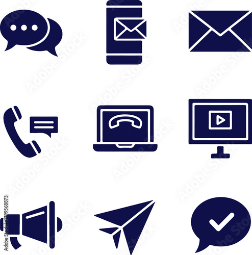Collection of communication and message icons including chat bubbles, email, phone calls, video calls, announcements, paper airplanes, and notifications for digital use