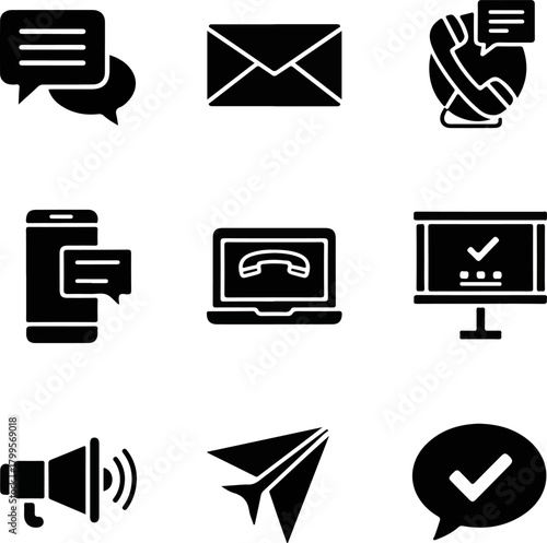 Collection of Communication and Business Icons Email, Phone Call, Messaging, Laptop Communication, Presentation, Megaphone, Paper Plane, and Approved Checklist Icons for Digital Use