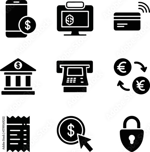 Fintech icon set, financial services icons, mobile banking, ATM, credit card, currency exchange, payment receipt, online transaction, and security lock