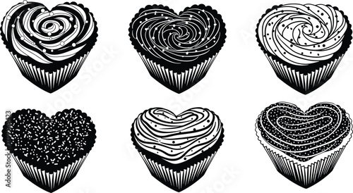 Black and white heart icons set on delicious isolated white chocolate cakes and sweet gourmet brown cupcakes