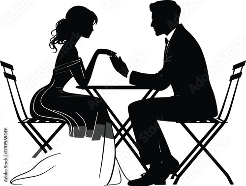 Silhouette couple sitting at table, romantic dinner date, elegant love conversation, lifestyle vector design, cad drawing flat vector illustration