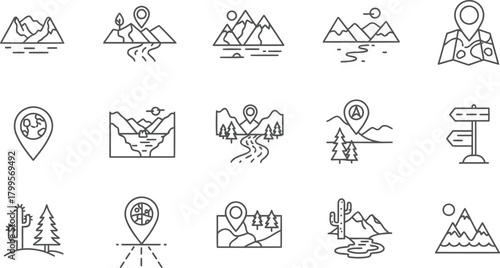 Outdoor Travel and Scenic Landscape Line Icons Set