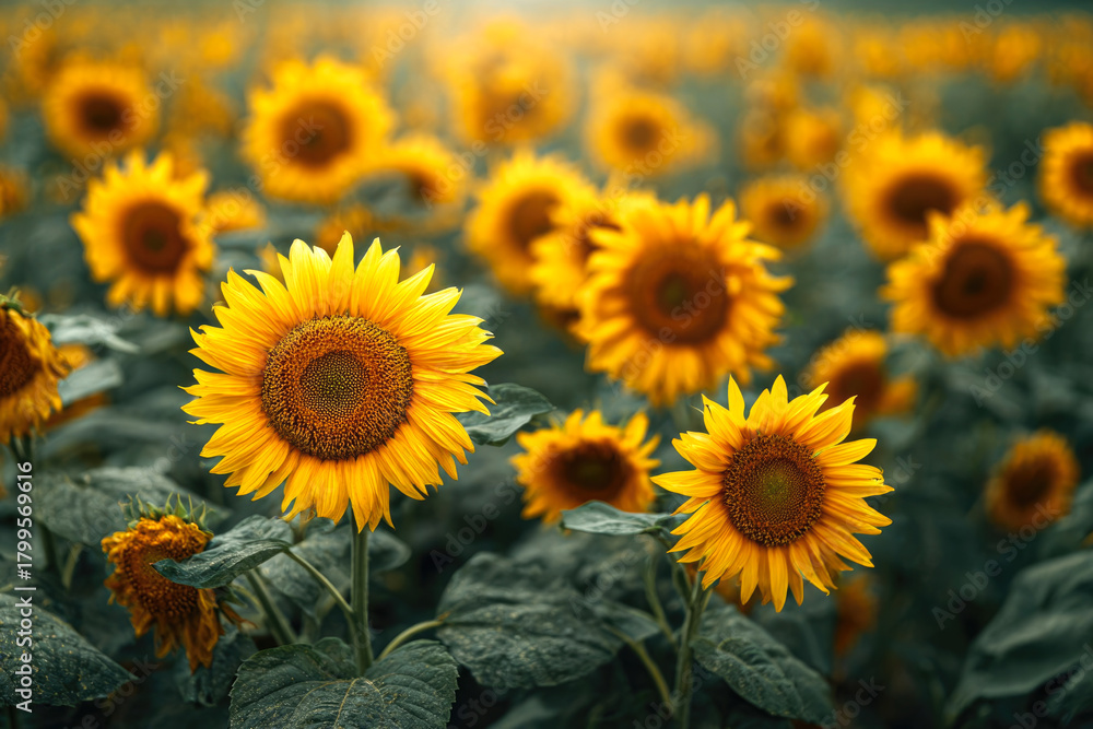 Fototapeta premium Sunflower field bathed in sunlight