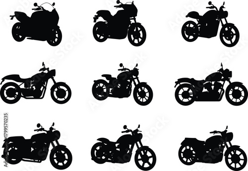 Motorcycle silhouette set, various motorbike shapes, cruiser, chopper, retro, sport bike, vehicle design, cad drawing flat vector illustration