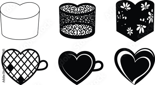 Six black and white heart shaped objects and designs hearts love
