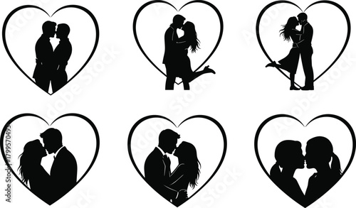 Wedding set of vector black silhouettes for business pictogram with couple heart sign and stick figure family icons