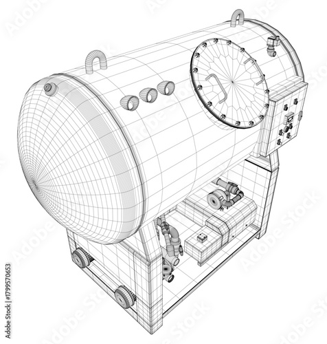 A 3D model of a cylindrical vacuum station tank with a top handle and bottom nozzle. This realistic wireframe rendering features detailed lines and lifelike shading on a white background.
