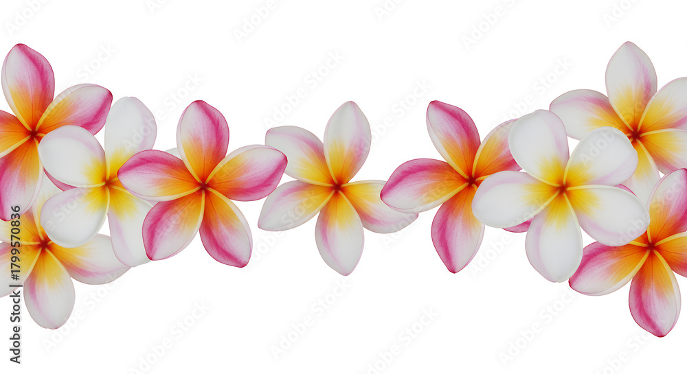 Naklejka premium Collection of beautiful pink and white frangipani flowers forming a decorative floral border on a white background, perfect for a tropical or spa theme