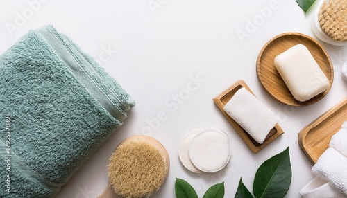 top view of bath accessories like a washcloth towel and soap arranged on a white surface with copy space image promoting daily body care with organic products
