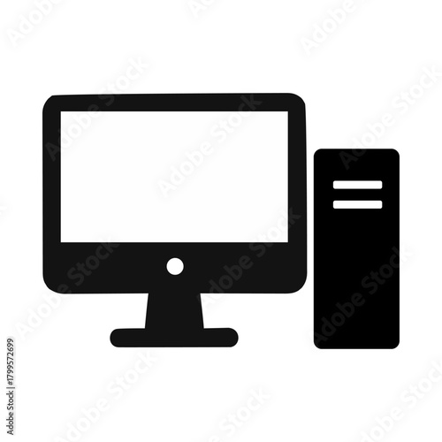 モノクロ デスクトップパソコンのアイコンイラスト　 ネットワーク マーク　PC 　ピクト