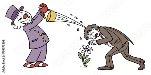 Cartoon clown showers a wilted businessman like watering a flower, funny business cartoon showing growth, help, and humor with a charming clown character